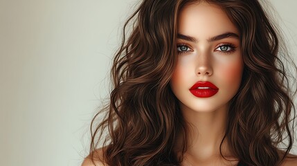 Fototapeta premium Portrait of a beautiful woman with long brown wavy hair, red lipstick and green eyes.