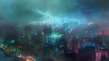 Fototapeta premium Futuristic Cityscape Illustration with Neon Lights and Rain