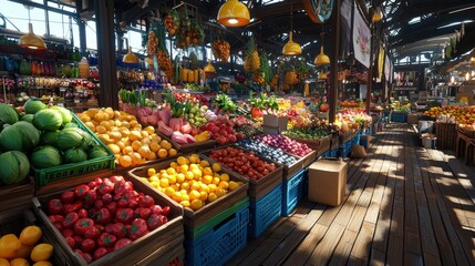 Obraz premium A lively farmers market with stalls of colorful produce