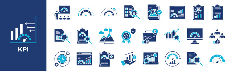 KPI icon collection set. Containing design, business, data, management, performance, analysis, and more. Solid vector icons collection.	