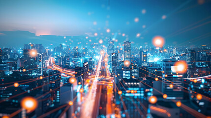 Fototapeta premium Night Cityscape with Glowing Lights and Connected Lines Illustration