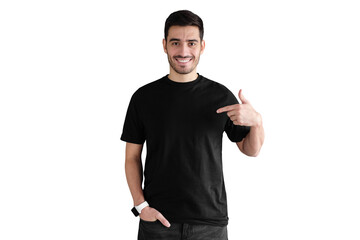 Young handsome man smiling while pointing with index finger to black t-shirt, copy space for ads