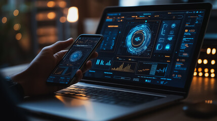 User engaging with mobile phone and laptop for cybersecurity, showcasing data protection, privacy security, data encryption, and secure internet access with advanced software technology