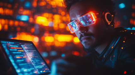 Cybersecurity and data protection concept with a user on a mobile phone and laptop, featuring privacy security, data encryption systems, and secure internet access