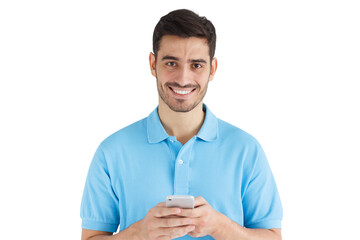 Portrait of positive man smiling while using mobile phone