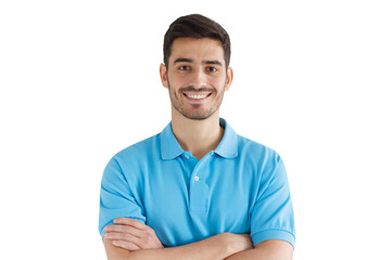 Close-up portrait of young smiling handsome man in blue polo shirt