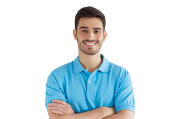 Close-up portrait of young smiling handsome man in blue polo shirt