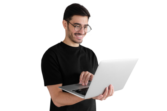 Portrait of young man in black t-shirt standing, holding laptop with happy smile