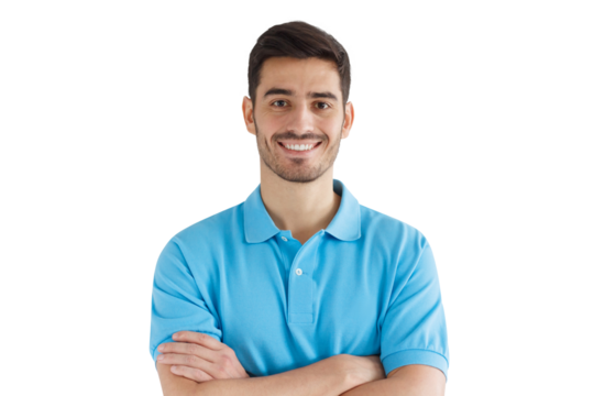 Close-up portrait of young smiling handsome man in blue polo shirt
