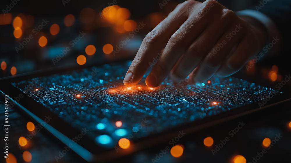 Poster ai and blockchain technology on a digital tablet held by a businessman, featuring data encryption, c