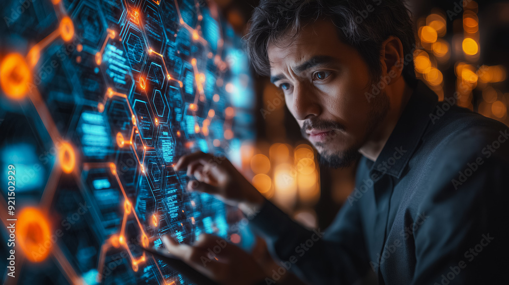 Poster innovative technology background with a businessman using a digital tablet to explore blockchain tec