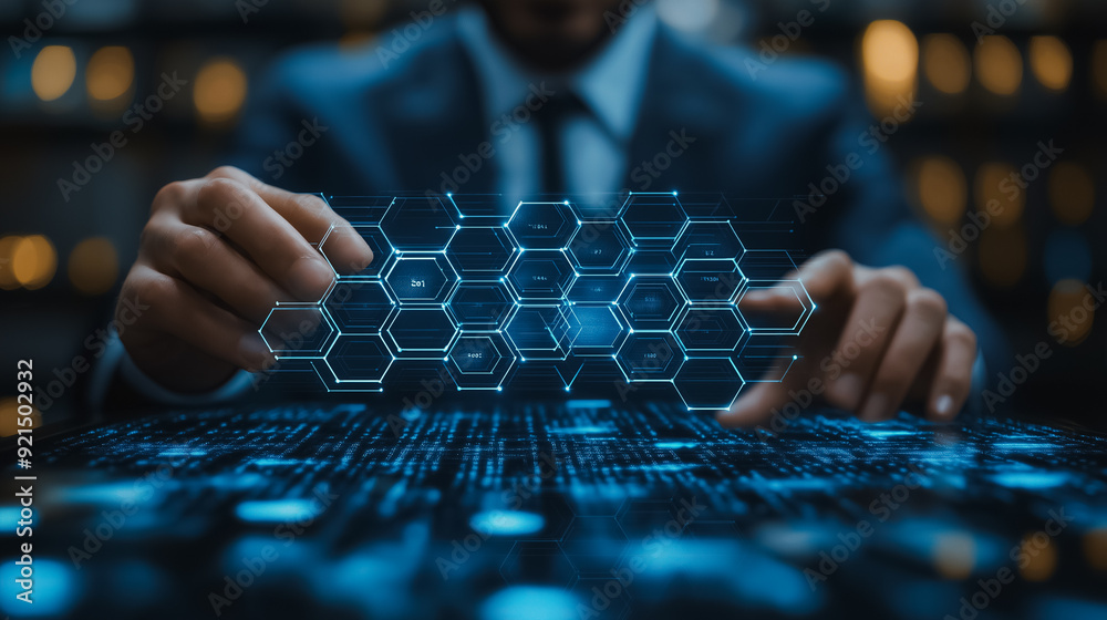 Poster ai and blockchain technology on a digital tablet held by a businessman, featuring data encryption, c