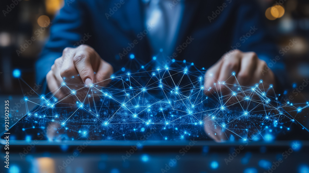 Poster ai and blockchain technology on a digital tablet held by a businessman, featuring data encryption, c