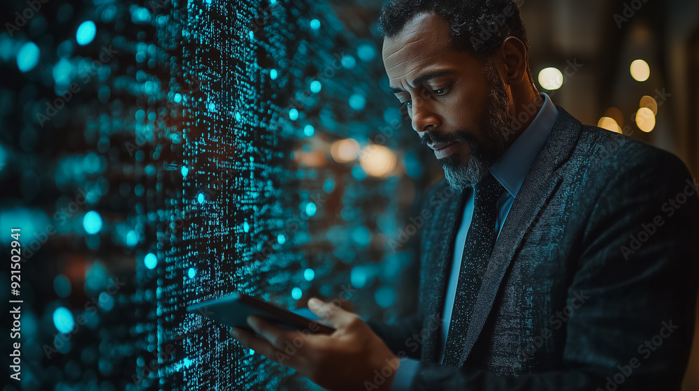 Poster innovative technology background with a businessman using a digital tablet to explore blockchain tec