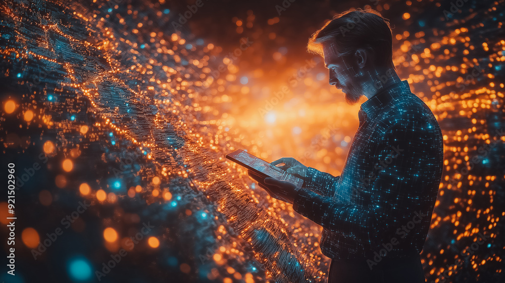 Poster innovative technology background with a businessman using a digital tablet to explore blockchain tec