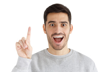 I have an idea! Handsome young man keeping finger pointed upwards, making gesture