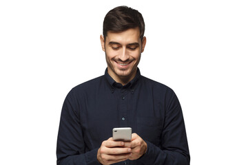 Young smiling businessman in deep blue shirt reading message, using phone