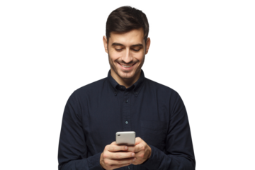 Young smiling businessman in deep blue shirt reading message, using phone