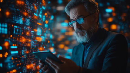 Innovative technology background with a businessman using a digital tablet to explore blockchain technology, data encryption, AI, and cloud computing for effective database management