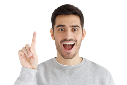 I have an idea! Handsome young man keeping finger pointed upwards, making gesture