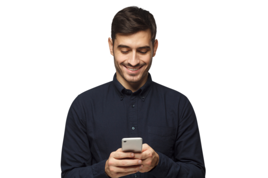 Young smiling businessman in deep blue shirt reading message, using phone