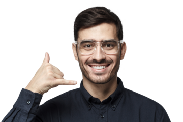 Young man showing gesture as if asking to calll him, looking confident. Technical support concept