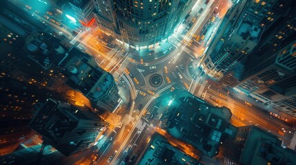 Trippy urban landscape from above swirling streets vivid colors glowing buildings kaleidoscopic effect,