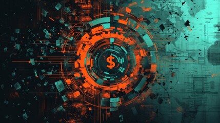 Obraz premium Futuristic digital art with central dollar sign encircled by abstract geometric patterns symbolizing global financial systems and data networks