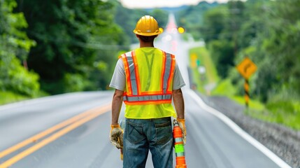 Construction worker in safety gear surveying a newly paved road on a sunny day, highlighting roadwork and infrastructure development.