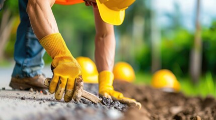 Construction worker with protective gear shaping road with tools, emphasizing safety and teamwork in outdoor work environment.