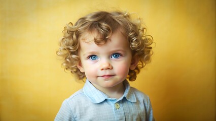 Naklejka premium Adorable little boy with curly hair and bright blue eyes standing in front of a soft, creamy yellow background with subtle texture and gentle shadows.