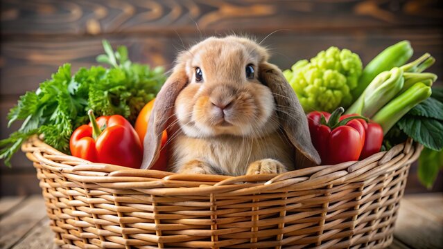 Adorable Holland Lop rabbit peeks out from behind a basket of fresh vegetables, its soft fur and cute whiskers on full display.