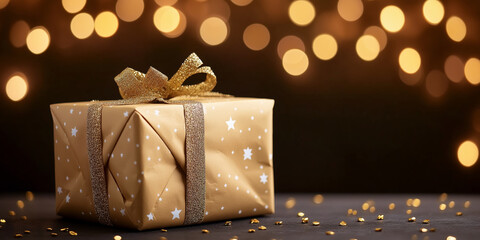 A beautifully wrapped Christmas gift in gold paper with a glittering bow, set against a background of warm bokeh lights, festive and elegant holiday atmosphere