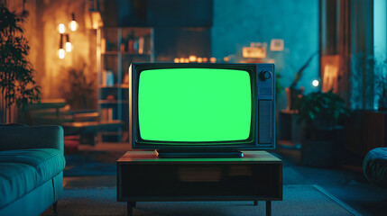 A vintage TV with a green screen sits in a dimly lit, cozy living room with warm ambient lighting and modern decor