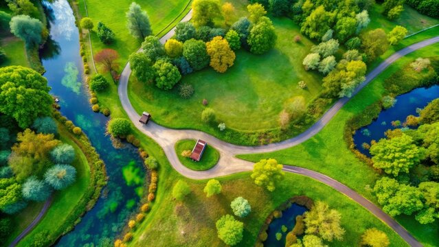 Aerial view of a vibrant green park surrounded by a winding path and a meandering river, with a creased map lying open on a wooden bench.