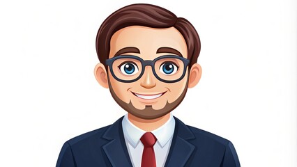 A friendly, smiling businessman vector character with a rounded face, wearing glasses and a suit, perfect for office and corporate design projects.