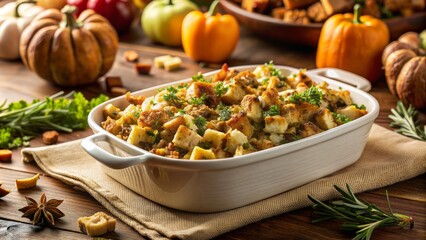 A golden-brown, savory stuffing fills a white ceramic dish, garnished with fresh herbs and nestled...