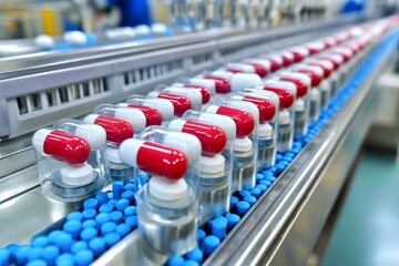 Red Pills Spilling from a Vibrant Vial Indicating Urgency and Accessibility in Healthcare