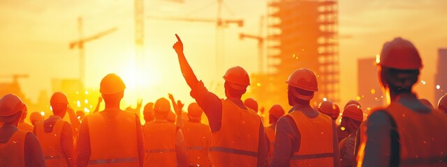 Silhouette construction workers at the construction site, Independence celebration, construction workers concept