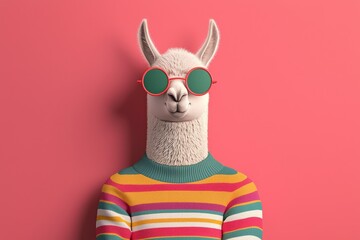 A llama in a colorful striped sweater and round glasses standing against a bold, Pop art-themed background