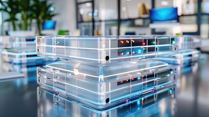 High-tech transparent server technology concept in a modern data center environment, showcasing futuristic hardware and innovation.
