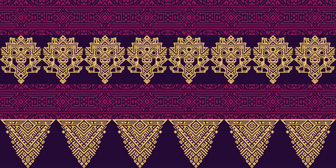 Vibrant geometric tribal pattern with purple and gold accents, ideal for fabric design or decorative projects.