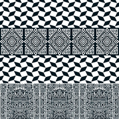 Black and white geometric patterns with Aztec and Mayan inspired designs, featuring tribal masks and optical illusions.