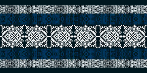 Intricate black, white, and blue tribal geometric pattern, ideal for textiles, wallpapers, or decorative projects.