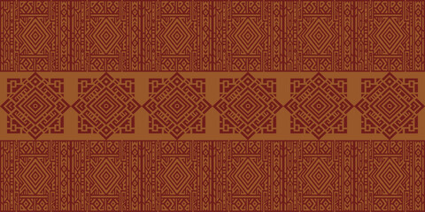 Intricate geometric pattern with Aztec and Mayan inspired designs in earthy brown tones. Seamless tribal motif for textiles and backgrounds.