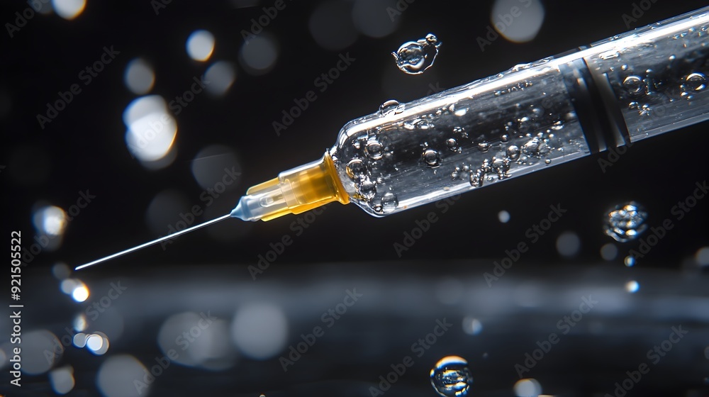 Aufkleber close up of a syringe with small air bubble being expelled from the tip for medical treatment or inj