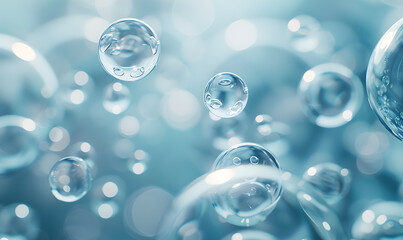 Fototapeta premium oil bubbles floating against a light background. The bubbles are semi-transparent with a reflective quality