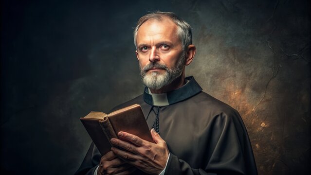 A middle-aged man in a cleric collar, with a kind face and gentle eyes, holds a worn leather-bound holy book, exuding warmth and spiritual guidance.