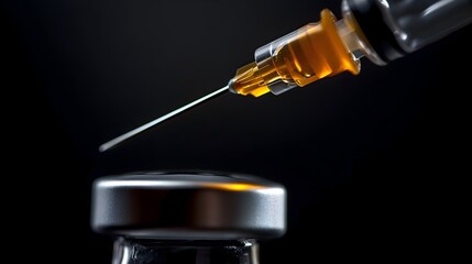 Needle Piercing Rubber Stopper on Medication Vial Close up