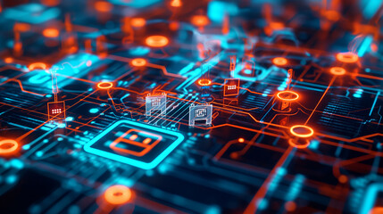 a multi-layered cybersecurity defense system with firewalls, intrusion detection systems, and secure access points, futuristic data protection system cyber technology 
